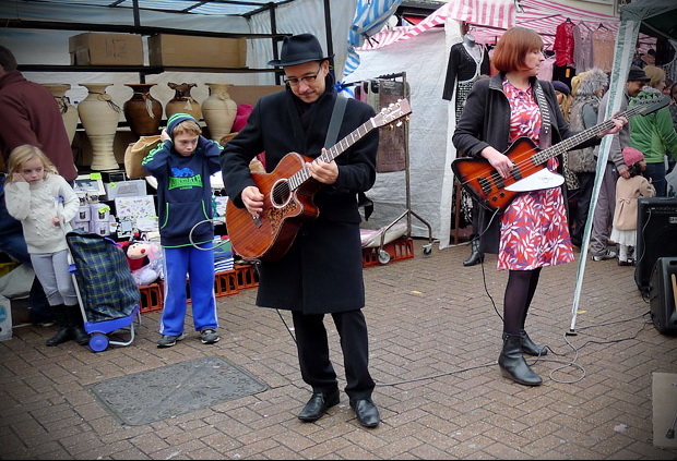 Mrs Mills Experience play the Roman Road Street Market in London's East End as part of Channel 4's Mary Portas TV series, Saturday 10th November 2012