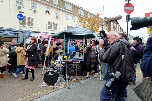 Mrs Mills Experience play the Roman Road Street Market in London's East End as part of Channel 4's Mary Portas TV series, Saturday 10th November 2012