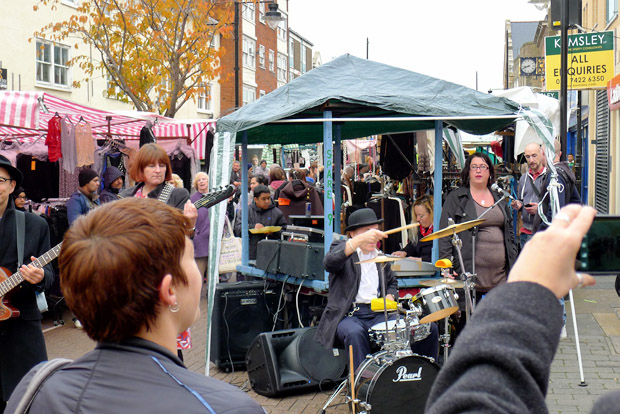 Mrs Mills Experience play the Roman Road Street Market in London's East End as part of Channel 4's Mary Portas TV series, Saturday 10th November 2012