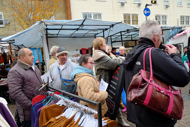 Mrs Mills Experience play the Roman Road Street Market in London's East End as part of Channel 4's Mary Portas TV series, Saturday 10th November 2012